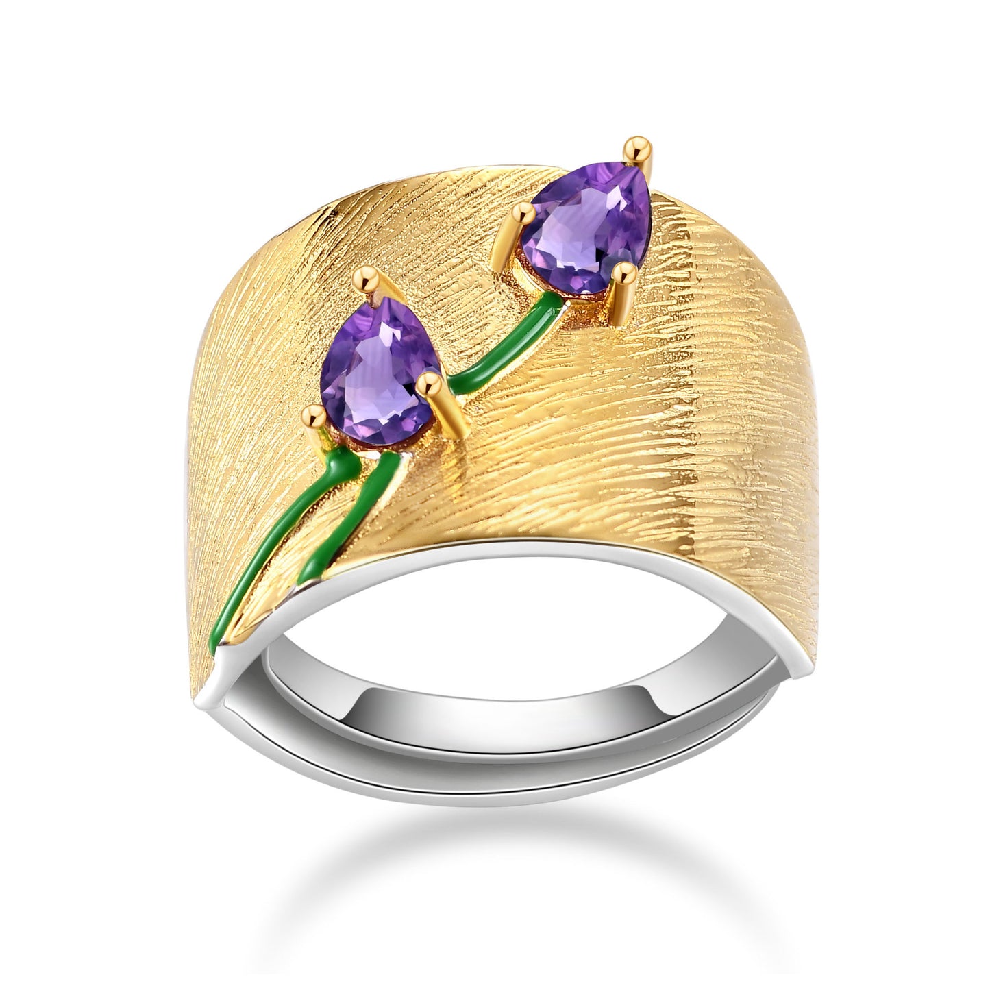S925 Sterling Silver Wide Band Ring with Amethyst Accent