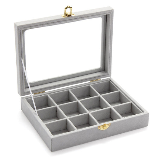 Luxury Glass Top Jewelry Organizer | Gray Velvet Display Case