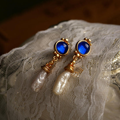 French Retro Maillard Blue  vintage earrings  Baroque pearl jewelry  European elegance  retro jewelry for women  luxury statement earrings