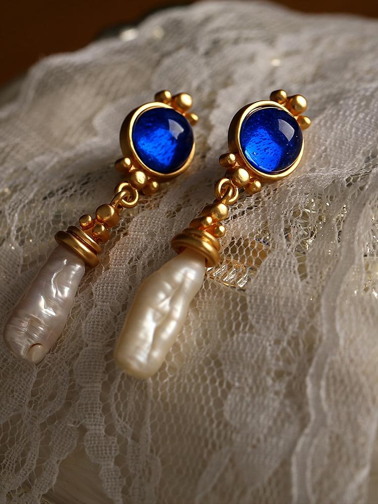 French Retro Maillard Blue  vintage earrings  Baroque pearl jewelry  European elegance  retro jewelry for women  luxury statement earrings