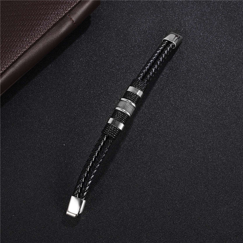 Men’s Leather Bracelet | Black Braided Titanium Stainless Steel Bangle