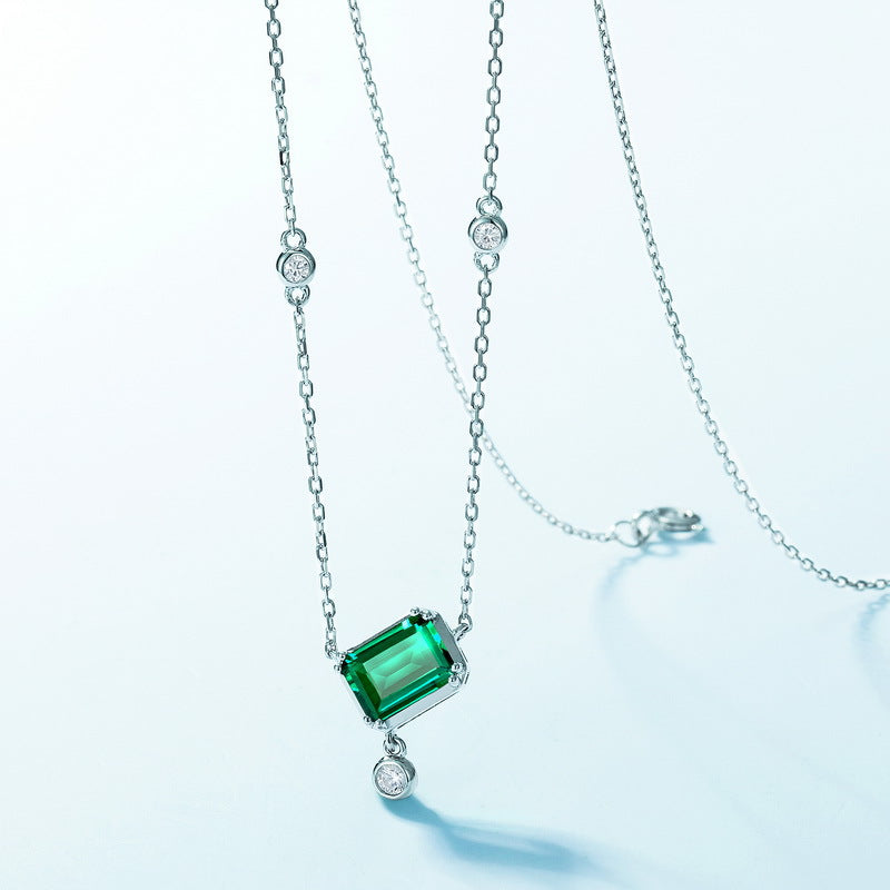 Emerald Cut Green Gemstone Necklace in Sterling Silver