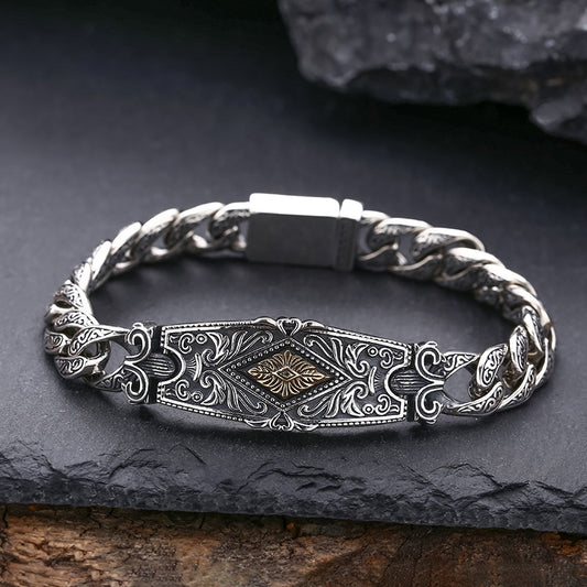 Men’s Sterling Silver Pattern Bracelet | Tang Grass Design, Thick Band
