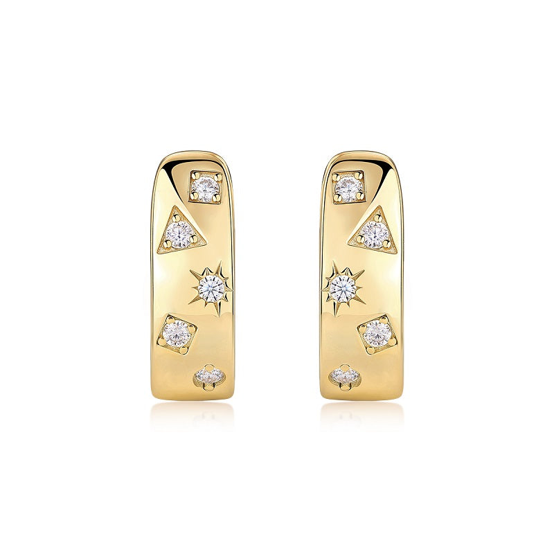 Star Track Moissanite Huggie Earrings | S925 Sterling Silver, 18K Gold Electroplated | Geometric Luxury Studs
