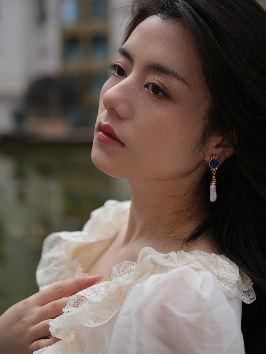French Retro Maillard Blue  vintage earrings  Baroque pearl jewelry  European elegance  retro jewelry for women  luxury statement earrings