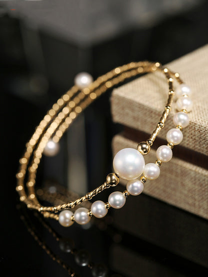 14K Gold-Clad Freshwater Pearl Multi-Layer Bracelet – Elegant Elastic Design
