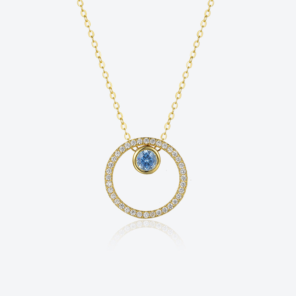 S925 Sterling Silver Circle Diamond Pendant Necklace & Blue Eye Stud Earrings Set