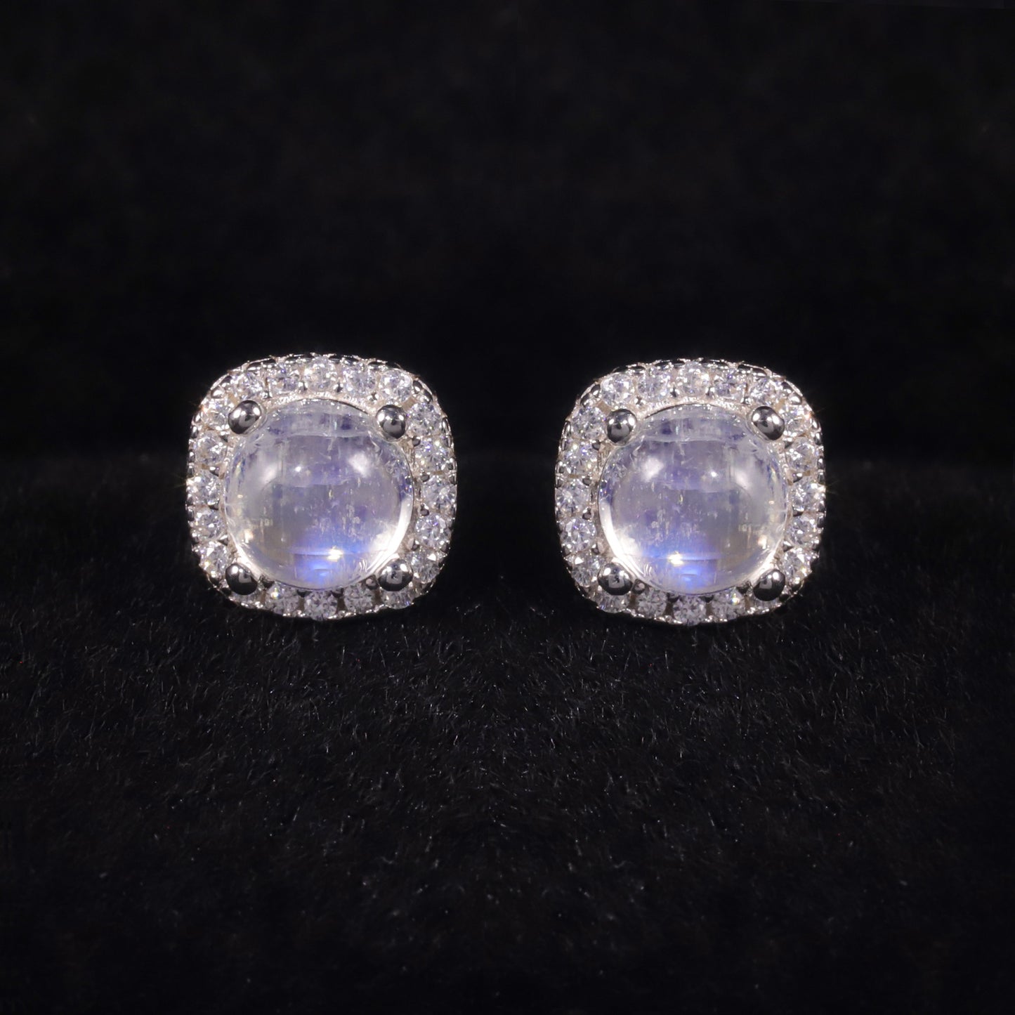 Natural Blue Moonstone Stud Earrings | S925 Sterling Silver Inlaid Gemstone