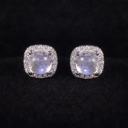 Natural Blue Moonstone Stud Earrings | S925 Sterling Silver Inlaid Gemstone