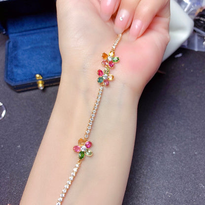 Rainbow Tourmaline Flower Bracelet | S925 Sterling Silver