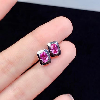 925 Sterling Silver Natural Pink Sapphire Stud Earrings | White Gold Plated Inlaid Gemstone