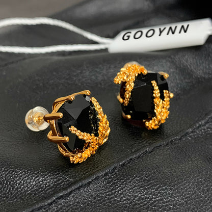 French Light Luxury Obsidian Wheat Earrings | 24K Gold-Plated Brass | Elegant Niche Jewelry