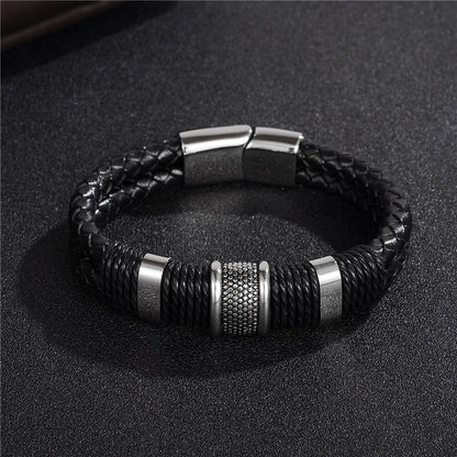 Men’s Leather Bracelet | Black Braided Titanium Stainless Steel Bangle
