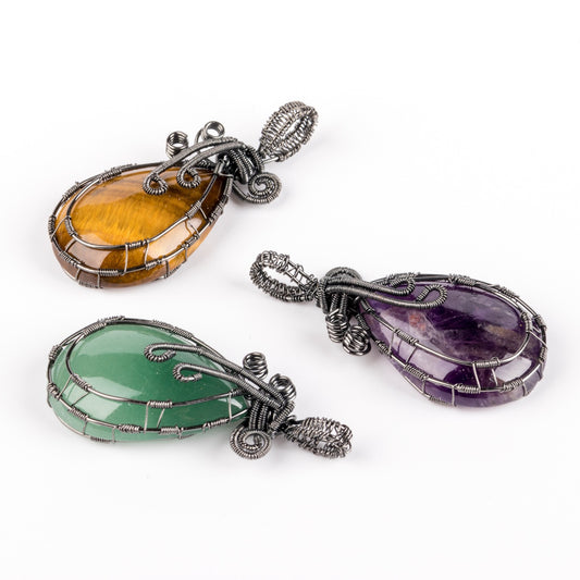 Nightveil Teardrop Wire-Wrapped Crystal Pendant | Natural Gemstone Necklace