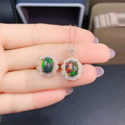 Natural Colorful Black Opal Jewelry Set | Ring & Crystal Pendant