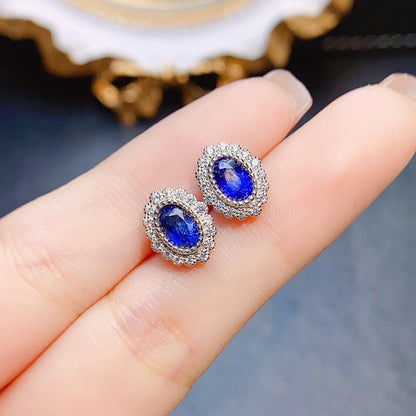 Natural Sapphire Stud Earrings | S925 Sterling Silver Inlaid Main Stone