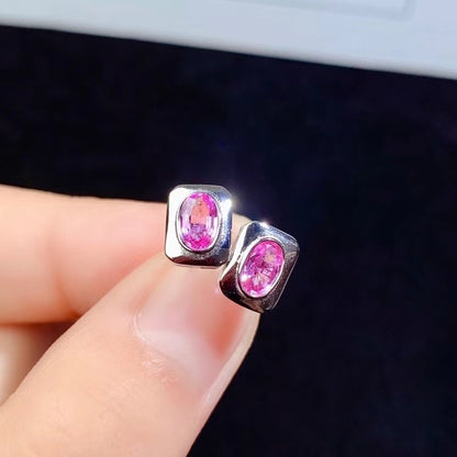 925 Sterling Silver Natural Pink Sapphire Stud Earrings | White Gold Plated Inlaid Gemstone