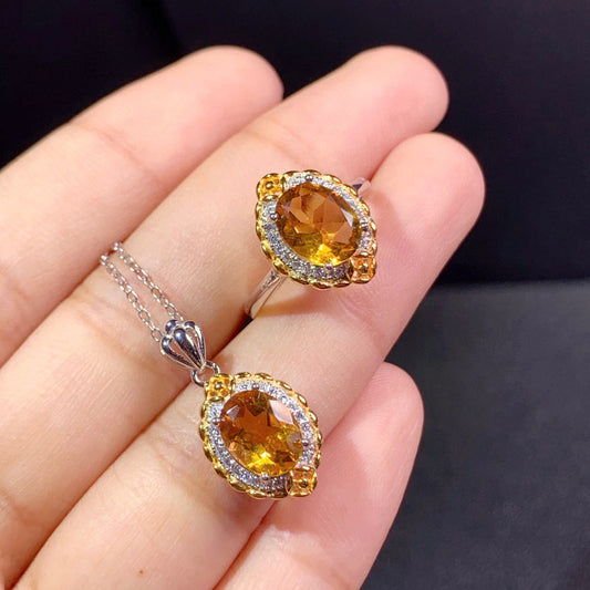 Citrine Inlaid Jewelry Set | Ring, Pendant & Earrings Collection