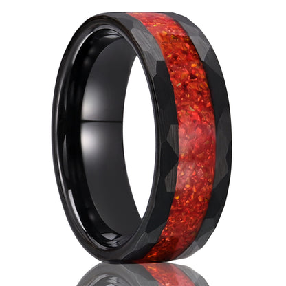 Men’s Black Tungsten Carbide Ring | Red Opal Inlay Statement Band