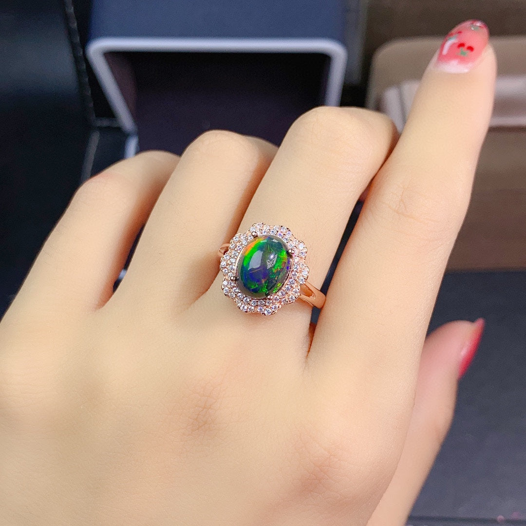 Natural Colorful Black Opal Jewelry Set | Ring & Crystal Pendant