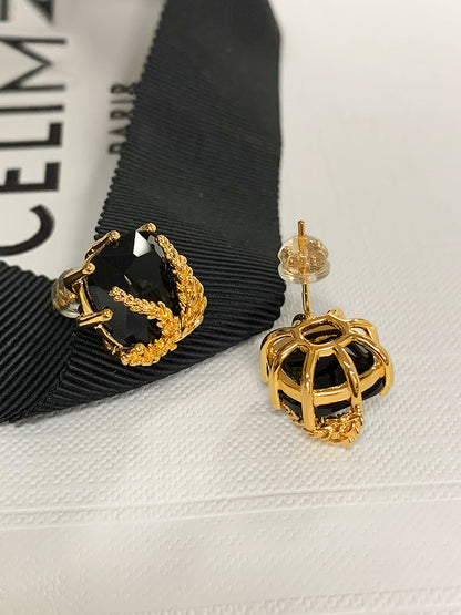 French Light Luxury Obsidian Wheat Earrings | 24K Gold-Plated Brass | Elegant Niche Jewelry