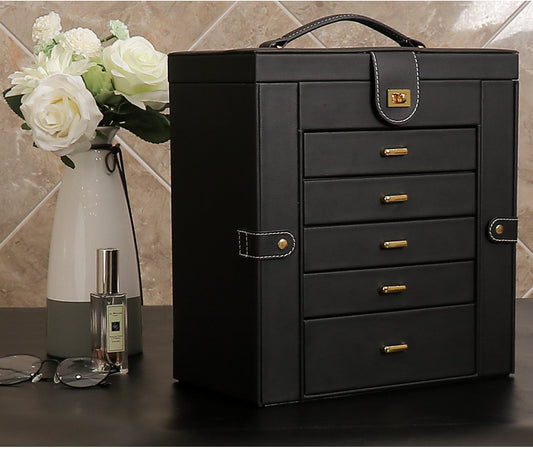 Luxury Black Jewelry Organizer Chest | Large Multi-Drawer Storage Case with Mirror