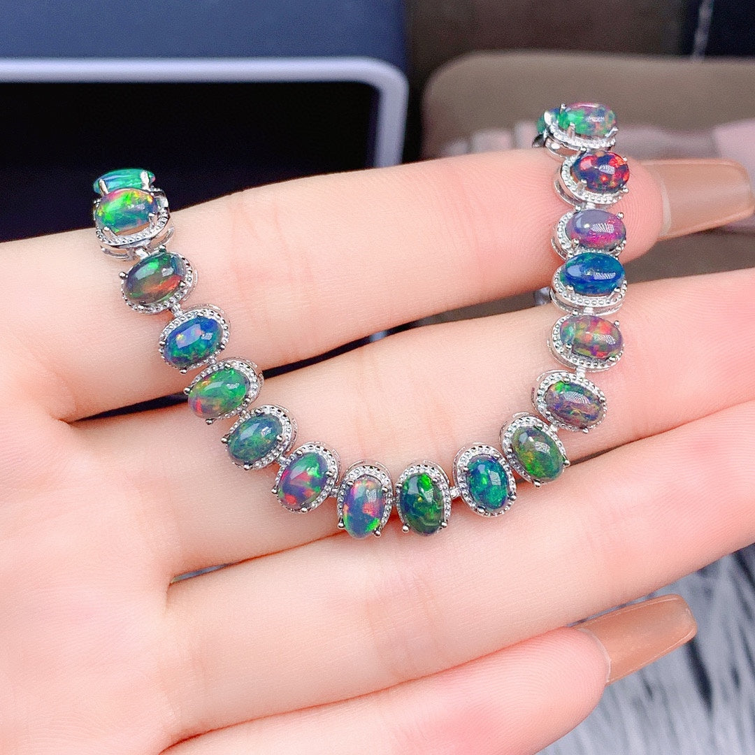 Natural Black Opal Tennis Bracelet in 925 Sterling Silver – Iridescent Fire