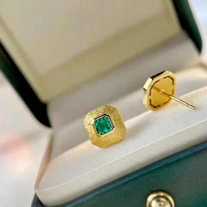 Emerald Stud Earrings  Sterling Silver Earrings  Women's Jewelry  Sun Green Earrings  Geometric Earrings  Silver Earrings  Elegant Earrings