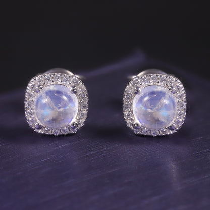 Natural Blue Moonstone Stud Earrings | S925 Sterling Silver Inlaid Gemstone