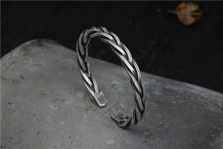 Men’s Solid 925 Sterling Silver Twisted Rope Cuff Bracelet – Handmade Vintage Woven Bangle, Heavy 45g