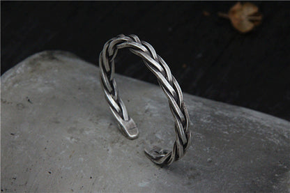 Men’s Solid 925 Sterling Silver Twisted Rope Cuff Bracelet – Handmade Vintage Woven Bangle, Heavy 45g