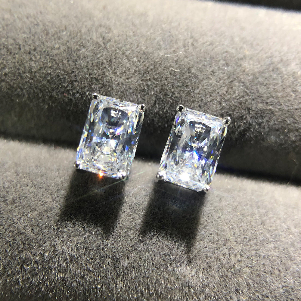 Simulated Diamond Zircon Stud Earrings | Rectangular Four-Prong Setting