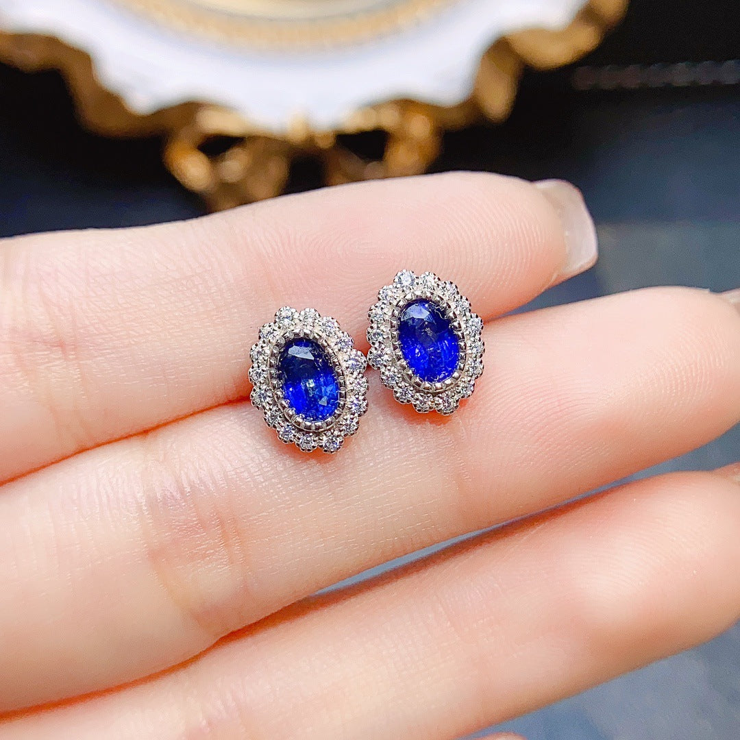 Natural Sapphire Stud Earrings | S925 Sterling Silver Inlaid Main Stone