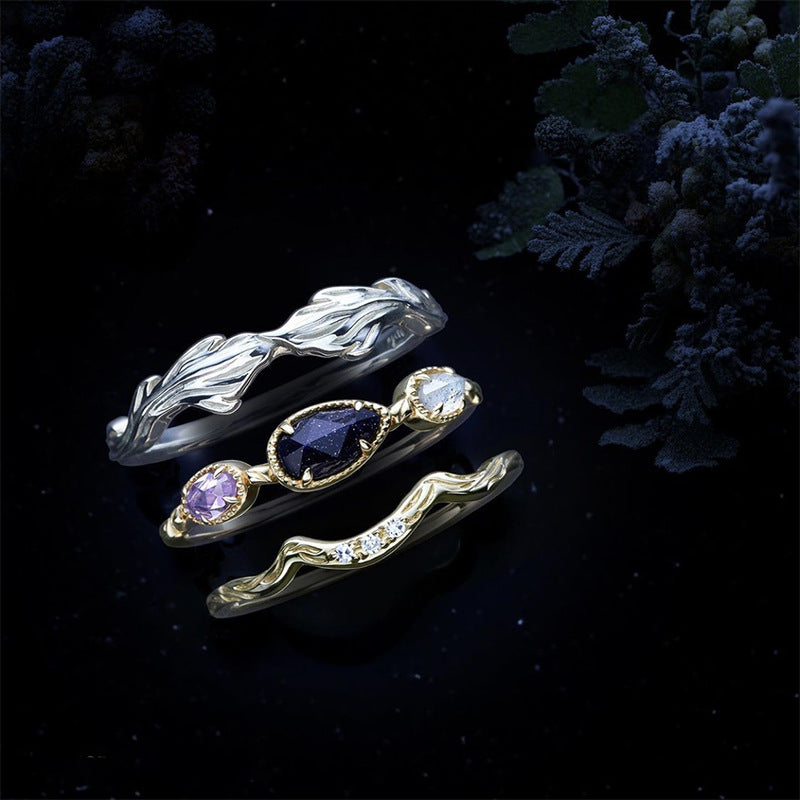 Sterling Silver Leaf Ring | Amethyst Labradorite and Zircon Stackable Ring