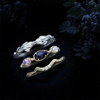 Sterling Silver Leaf Ring | Amethyst Labradorite and Zircon Stackable Ring