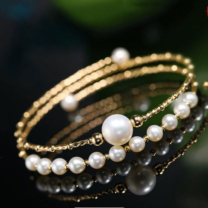 14K Gold-Clad Freshwater Pearl Multi-Layer Bracelet – Elegant Elastic Design