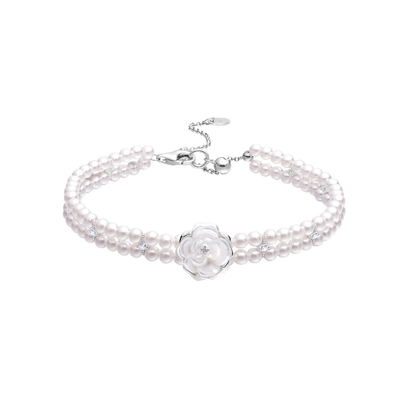 Moon Shadow Camellia Bracelet – Elegant Double Strand Floral Design