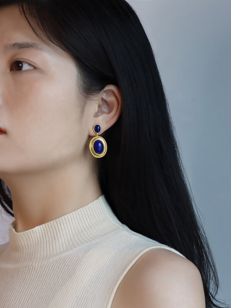Retro Hong Kong–Style Lapis Lazuli Earrings | High-End Niche Design | Natural Stone Statement Jewelry