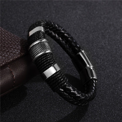 Men’s Leather Bracelet | Black Braided Titanium Stainless Steel Bangle