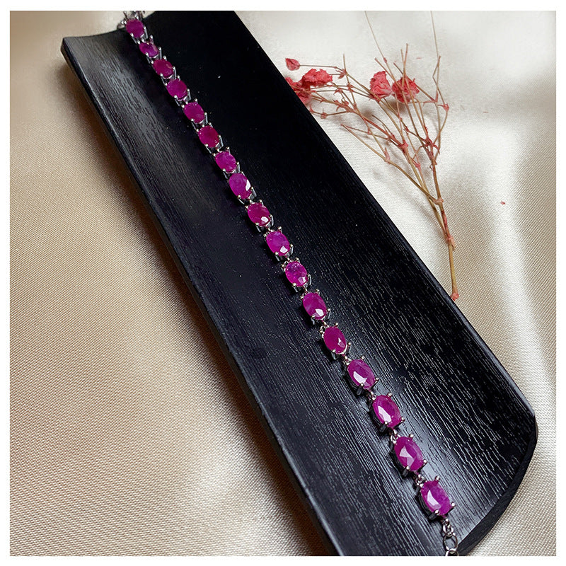 925 Sterling Silver Ruby Tennis Bracelet – Hand-Inlaid Natural Gemstones