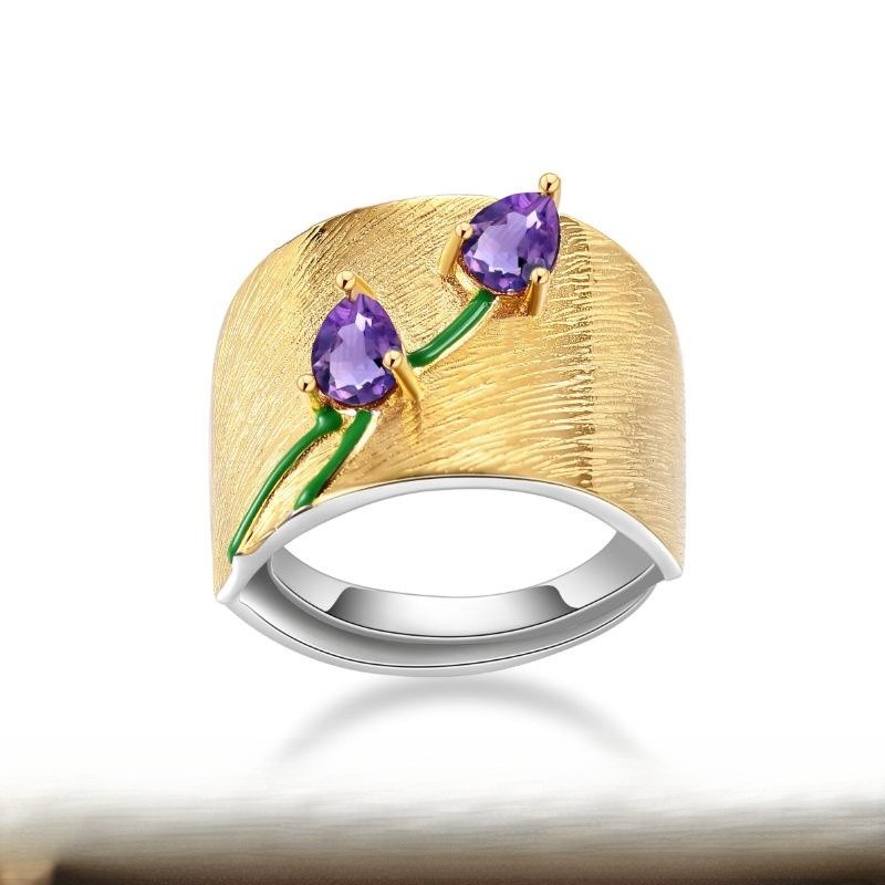 S925 Sterling Silver Wide Band Ring with Amethyst Accent