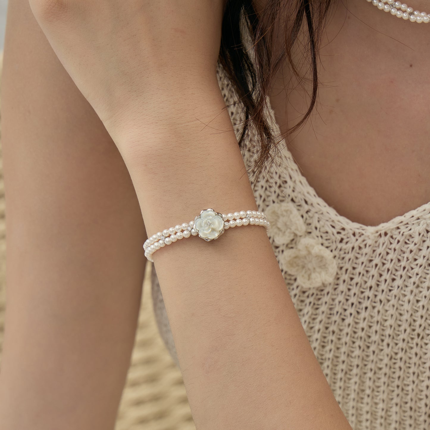 Moon Shadow Camellia Bracelet – Elegant Double Strand Floral Design