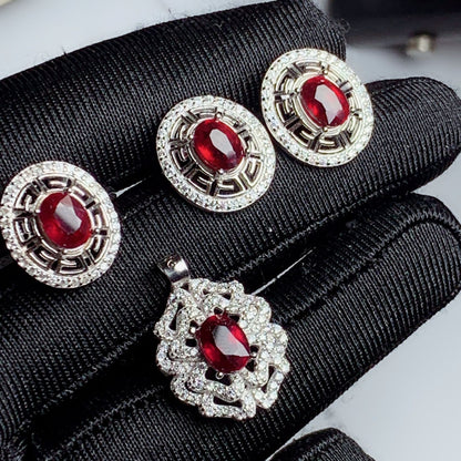 925 Sterling Silver Inlaid Ruby Jewelry Set | Elegant Gemstone Collection