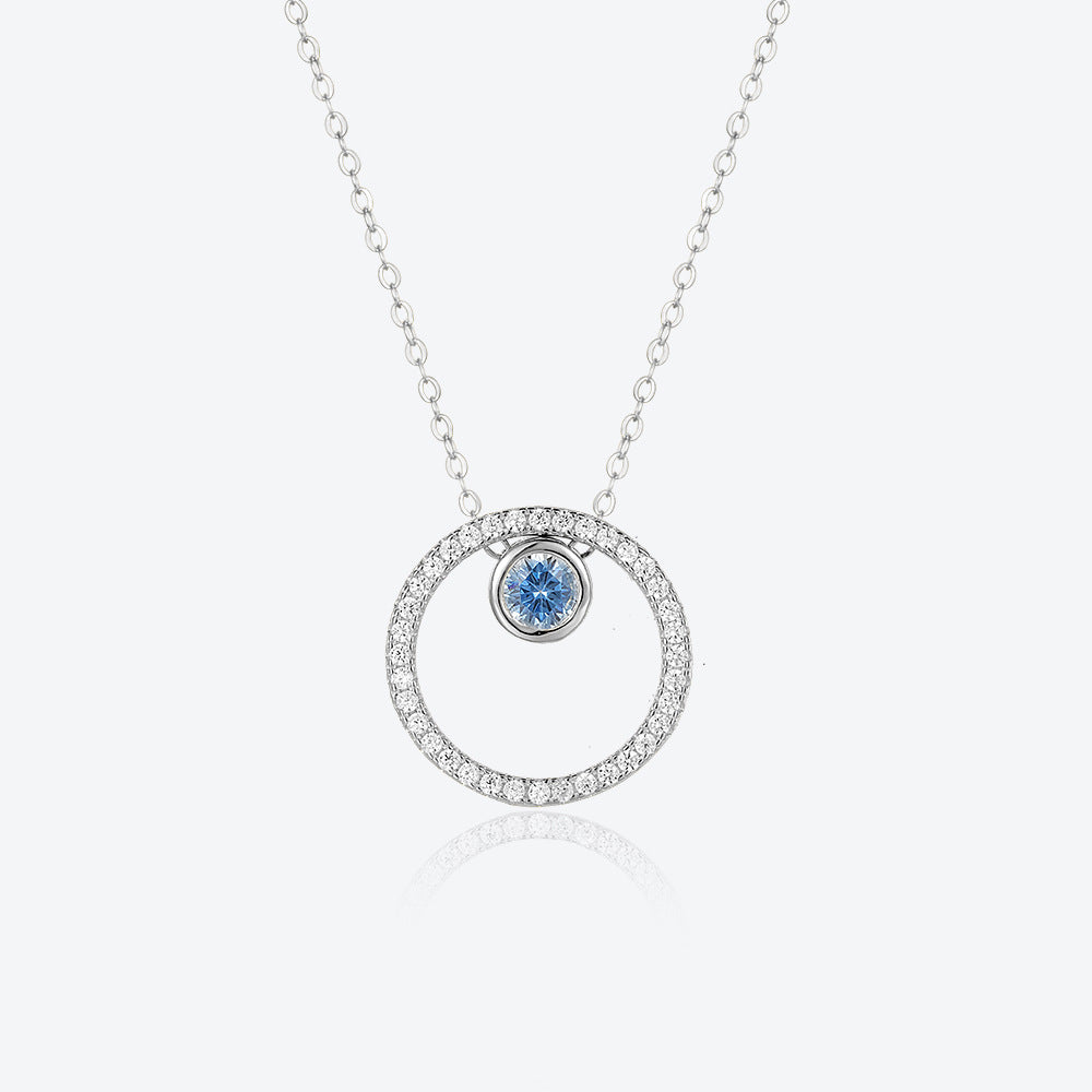 S925 Sterling Silver Circle Diamond Pendant Necklace & Blue Eye Stud Earrings Set