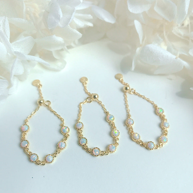 S925 Sterling Silver Gold-Plated Opal Chain Adjustable Ring