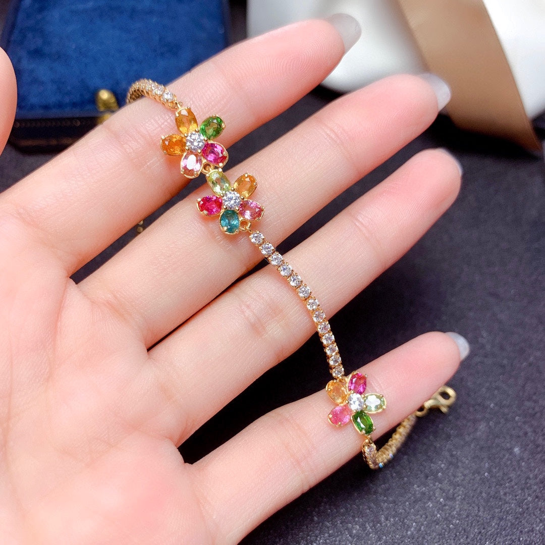 Rainbow Tourmaline Flower Bracelet | S925 Sterling Silver