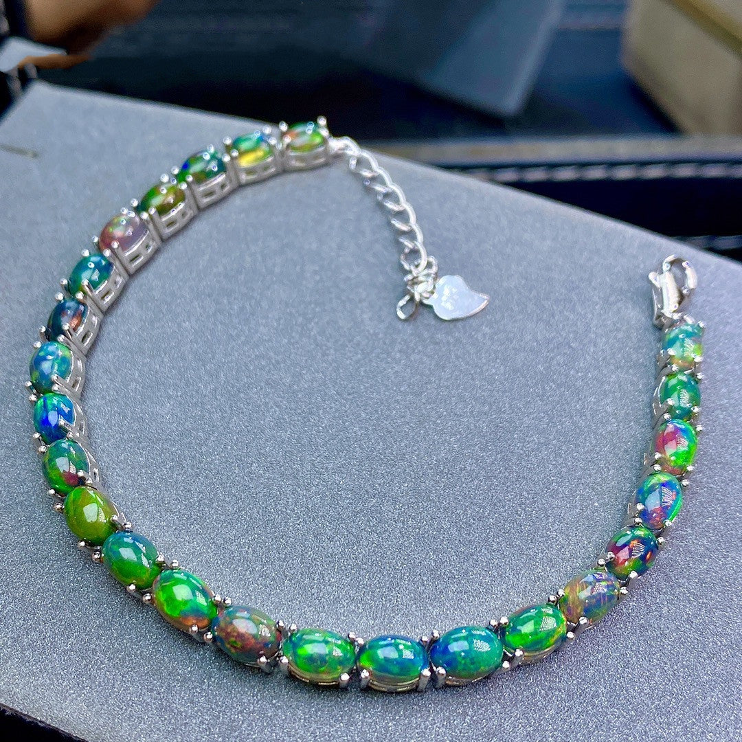 Women’s Natural Black Opal Bracelet – Multicolor Fire Opal in 925 Sterling Silver