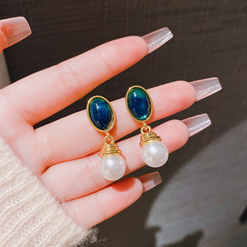 French Retro Maillard Blue  vintage earrings  Baroque pearl jewelry  European elegance  retro jewelry for women  luxury statement earrings