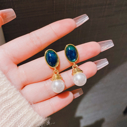 French Retro Maillard Blue  vintage earrings  Baroque pearl jewelry  European elegance  retro jewelry for women  luxury statement earrings