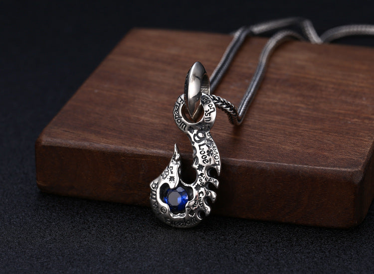 Men’s S925 Sterling Silver Hook Pendant Necklace | Blue, Red or White Gemstone Statement Jewelry
